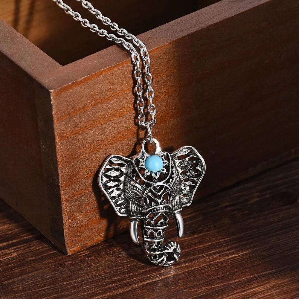🐘B175🐘 BOHEMIAN BLUE STONE ELEPHANT UNISEX PENDANT NECKLACE